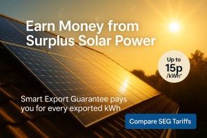 “UK home with rooftop solar panels at sunset exporting renewable electricity under the Smart Export Guarantee.”
